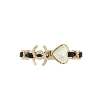 Chanel CC Heart Woven Chain Cuff Bracelet Metal and Leather with Resin