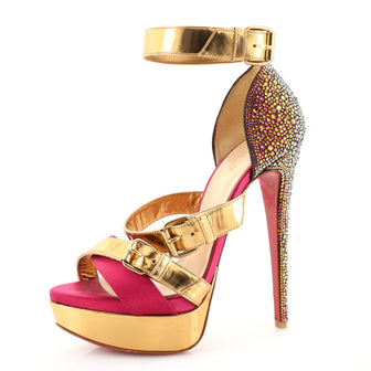 Christian Louboutin Women's Ambertina Platform Pumps Crystal Embellished Leather and Satin