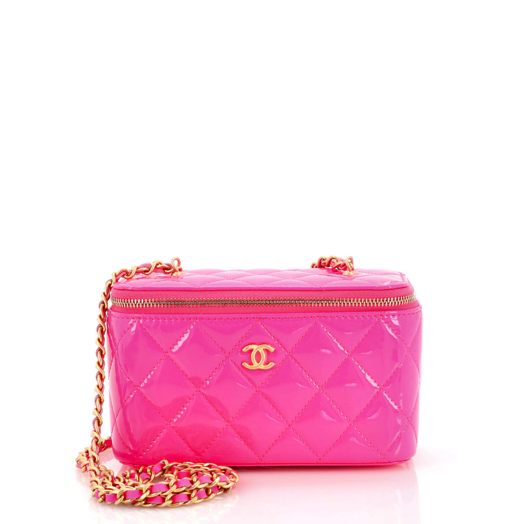 CHANEL Patent Quilted Pearl Crush Small Vanity Case With Chain