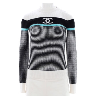 Chanel Women's CC Stripe Crewneck Sweater Viscose and Cotton Blend
