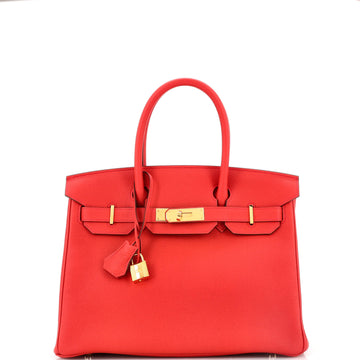 Hermes Birkin Handbag Red Clemence with Gold Hardware 30
