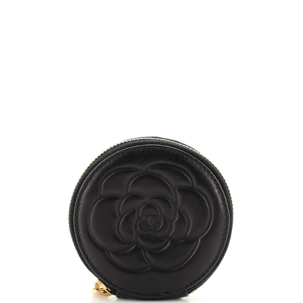CHANEL Lambskin Round Camellia CC Coin Purse Black 81801