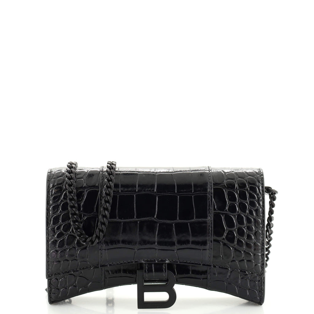 Balenciaga Hourglass Chain Wallet Crocodile Embossed Leather