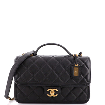 Chanel School Memory Top Handle Flap Bag Quilted Caviar Small