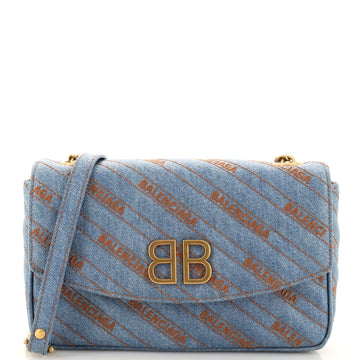 Balenciaga BB Chain Round Shoulder Bag Quilted Embroidered Denim Small