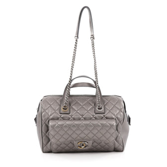 Chanel Two-Tone Front Pocket Bowling Bag Quilted Metallic Calfskin Medium Silver