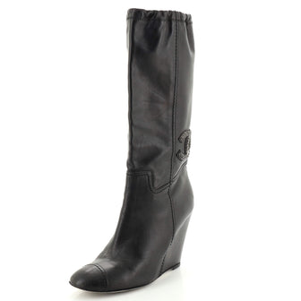 Chanel Women's CC Wedge Boots Leather with Beaded Detail