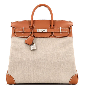 Hermes HAC Birkin Bag Toile and Brown Evercolor with Palladium Hardware 40
