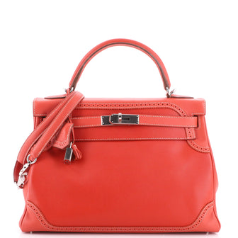Hermes Kelly Ghillies Handbag Orange Grain d'H and Swift with Palladium Hardware 32