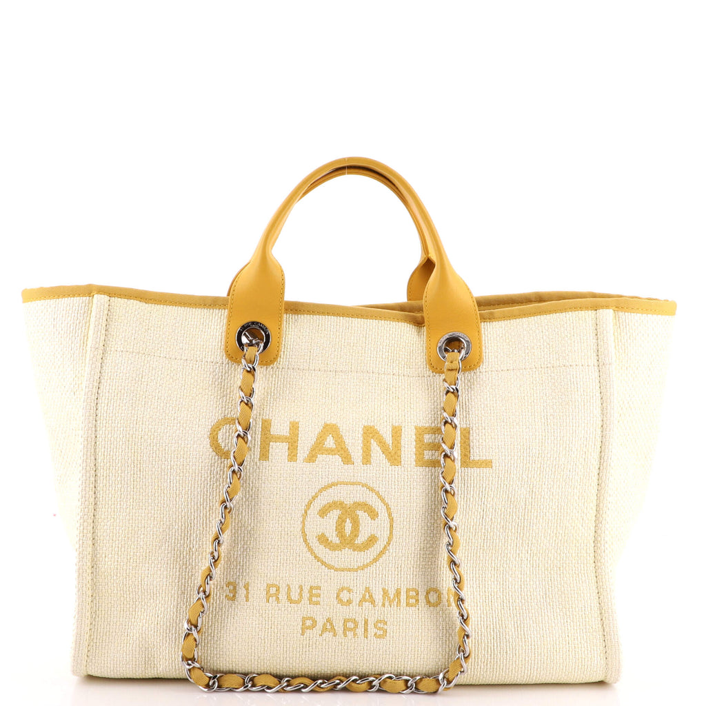 CHANEL Deauville Tote Large Yellow Canvas Silver Hardware 2018