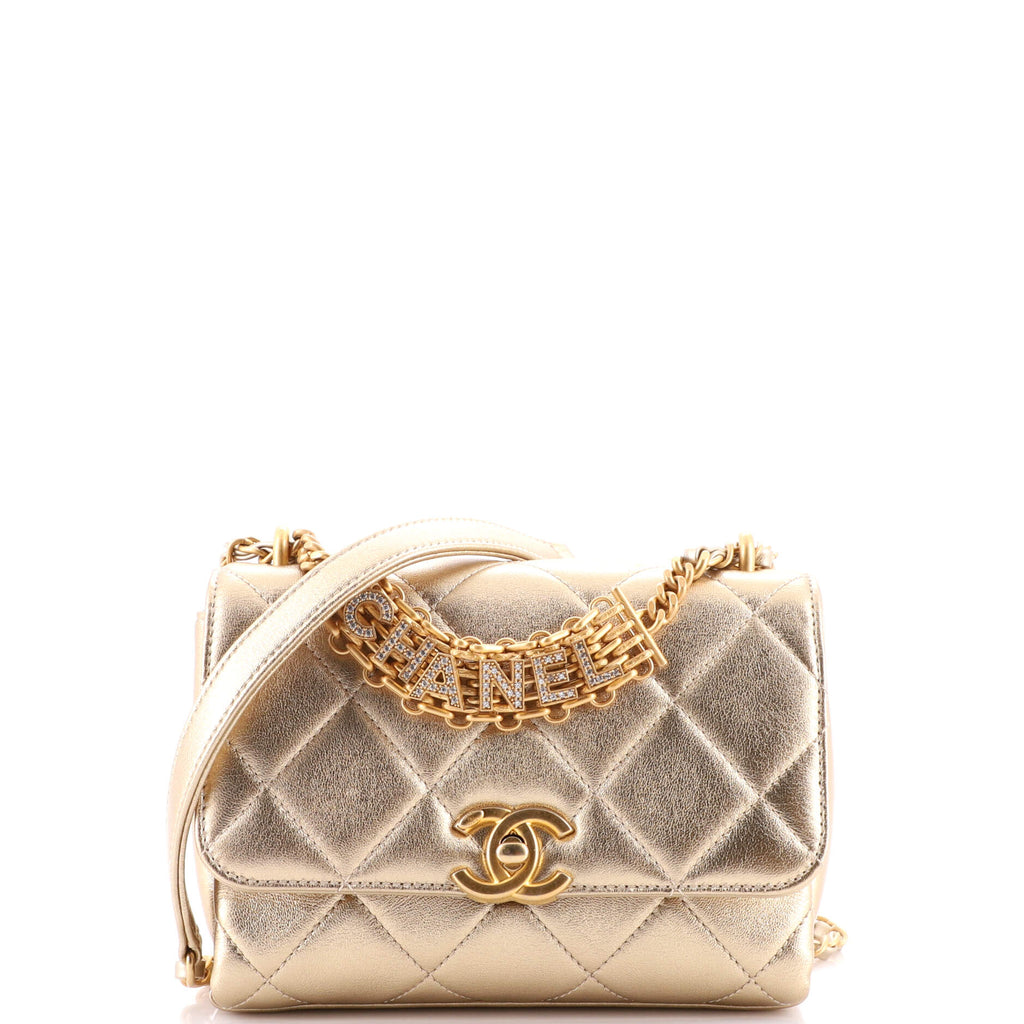Chanel Crystal Logo Letters Chain Handle Flap Bag Quilted Lambskin Small White