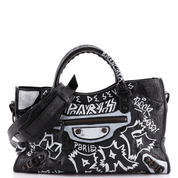 Balenciaga Black/White Lambskin Leather Graffiti Classic City Bag - Yoogi's  Closet