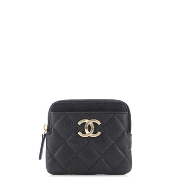 Chanel Textured CC Square Zip Around Card Holder Wallet Quilted Caviar