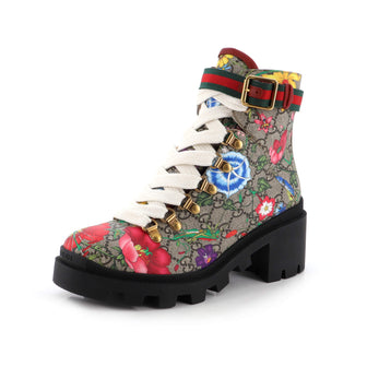 Gucci Women's Heeled Lace Up Combat Ankle Boots Flora GG Coated Canvas