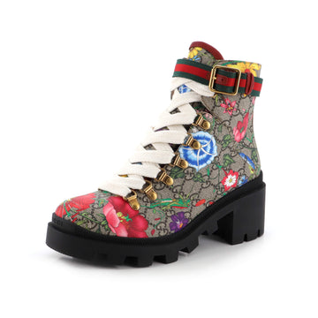 Gucci Women's Heeled Lace Up Combat Ankle Boots Flora GG Coated Canvas