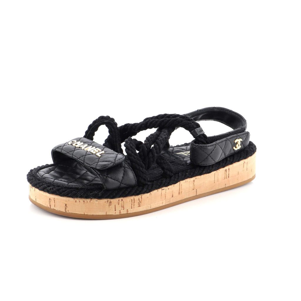 Chanel Women's Cord Velcro Dad Sandals Quilted Leather and Cork Black  1994382