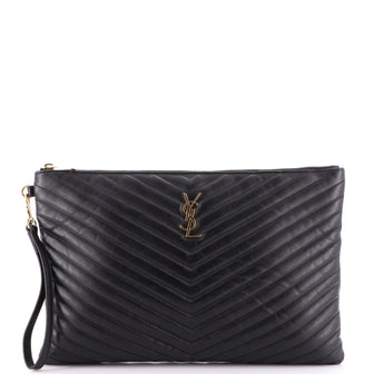 Saint Laurent Classic Monogram Wristlet Pouch Matelasse Chevron Leather Large