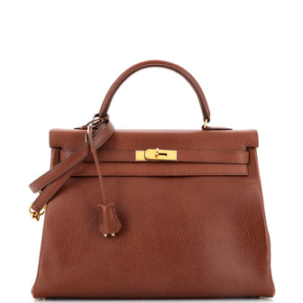 Hermes Kelly Handbag Brown Ardennes with Gold Hardware 35