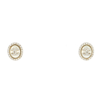 Chanel CC Oval Stud Earrings Metal with Crystal and Faux Pearl