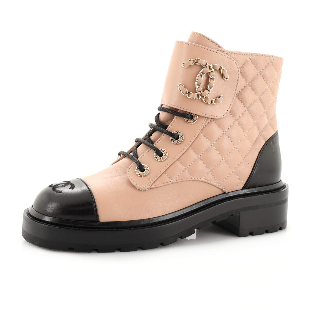 Chanel Women's Chain CC Cap Toe Lace Up Combat Boots Quilted Leather Pink  1997623