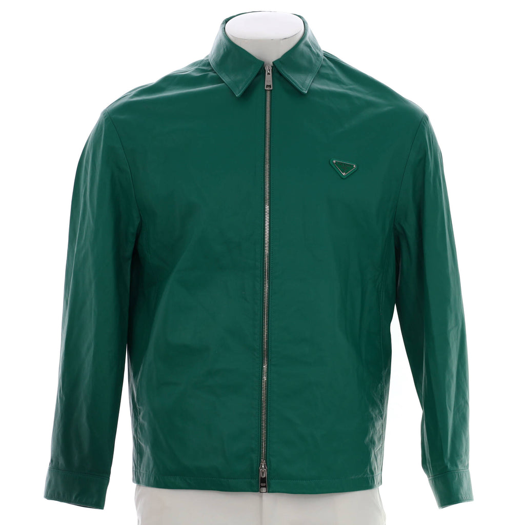 Prada Men’s Triangle Logo Zip Up Blouson Jacket Leather Green 1998211