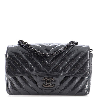 Chanel So Black Classic Single Flap Bag Chevron Crumpled Patent Mini
