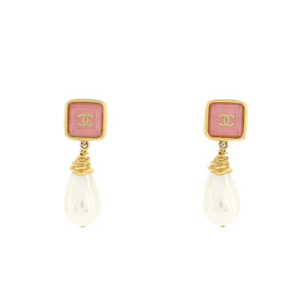 Chanel Square CC Teardrop Dangle Earrings Metal with Glass and Faux Pearl