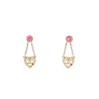 Chanel CC Heart Cut Out Dangle Earrings Metal with Faux Pearls and Crystals