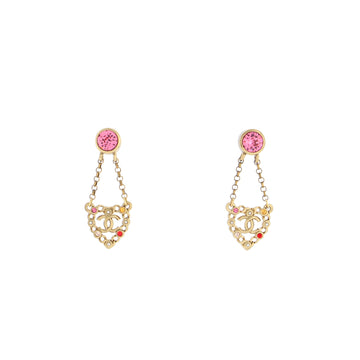 Chanel CC Heart Cut Out Dangle Earrings Metal with Faux Pearls and Crystals
