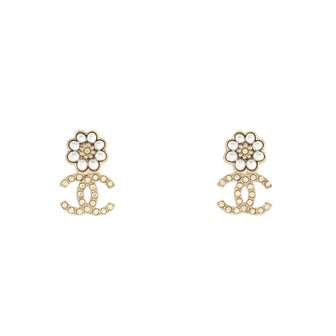 Chanel Flower CC Stud Earrings Brushed Metal with Crystals