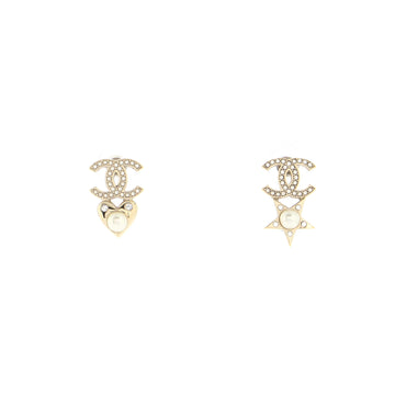 Chanel Charming Winter CC Heart Star Earrings Crystal Embellished Metal and Faux Pearls