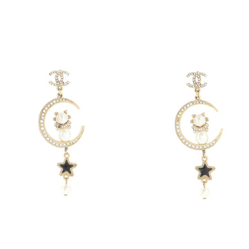 Chanel CC Cat Moon Star Dangling Earrings Metal and Crystals with Faux Pearls and Resin