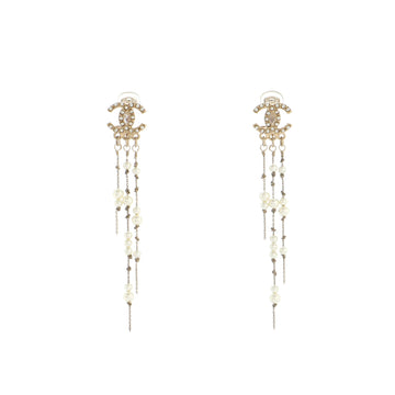 Chanel CC Chain Fringe Dangle Clip-On Earrings Metal and Faux Pearls