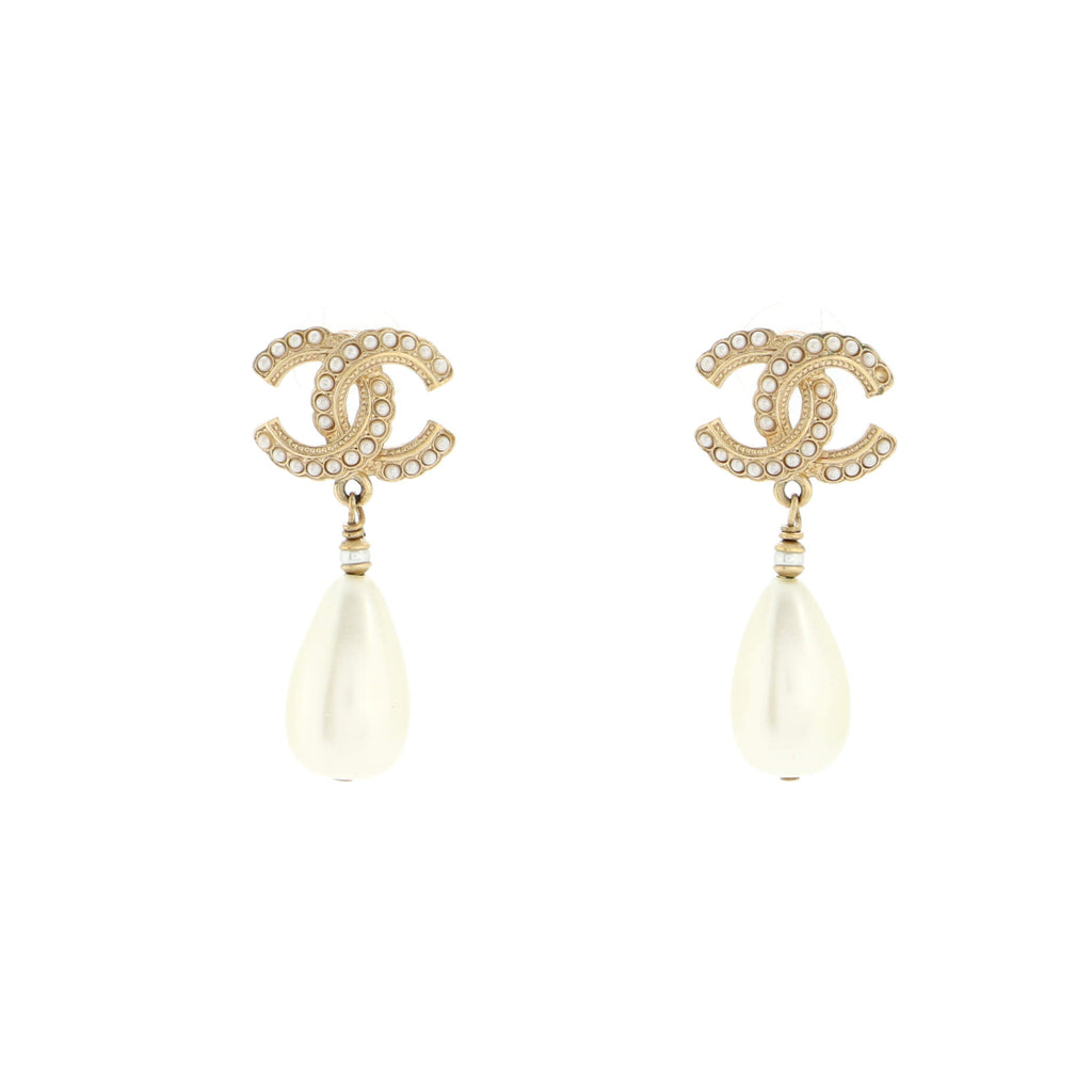 Chanel CC Pearl Teardrop Earrings Metal and Faux Pearls Gold 19984779