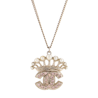 Chanel Crown CC Pendant Necklace Metal with Crystals and Faux Pearls