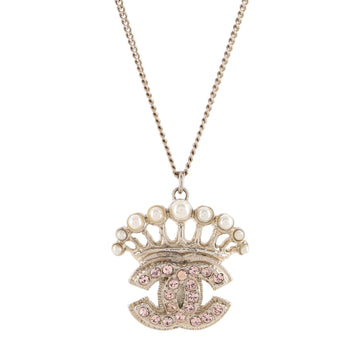 Chanel Crown CC Pendant Necklace Metal with Crystals and Faux Pearls