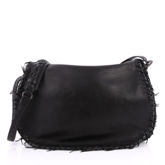 Bottega Veneta Flap Messenger Bag Leather with Frayed Intrecciato Detail Black