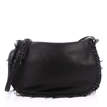 Bottega Veneta Flap Messenger Bag Leather with Frayed Intrecciato Detail Black