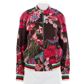 Gucci Women's Reversible Logo Patch Bomber Jacket Floral Print Silk