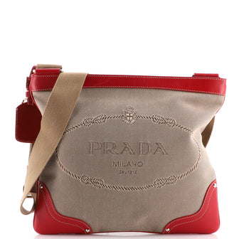 Prada Logo Messenger Bag Canvas with Leather Small