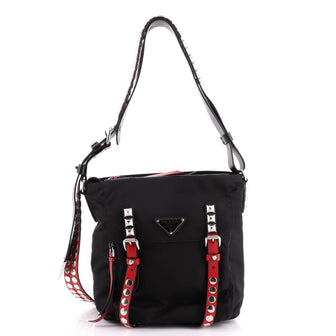 Prada New Vela Flap Shoulder Bag Tessuto with Studded Leather Small