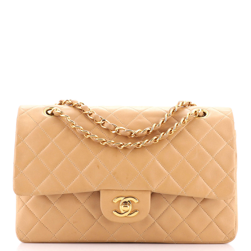 Chanel Vintage Classic Double Flap Bag Quilted Lambskin Medium Neutral  199862255