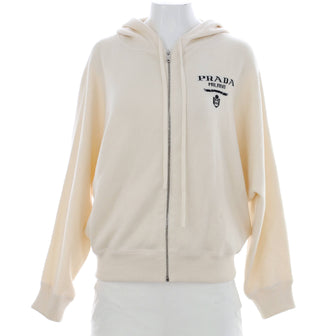 Prada Women's Zip Up Logo Intarsia Hoodie Cashmere Blend