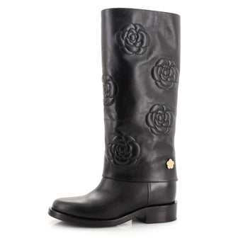 Chanel Women's CC Camellia Knee High Boots Stitched Calfskin