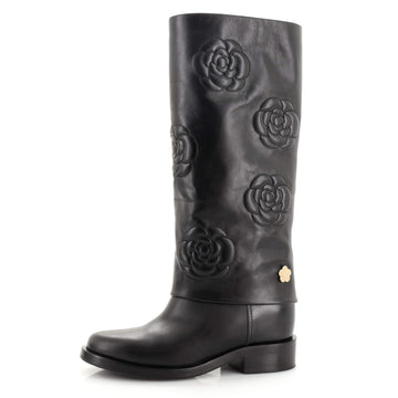 Chanel Women's CC Camellia Knee High Boots Stitched Calfskin