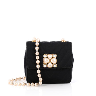 Chanel Vintage Pearl Flap Bag Chevron Satin Mini Black