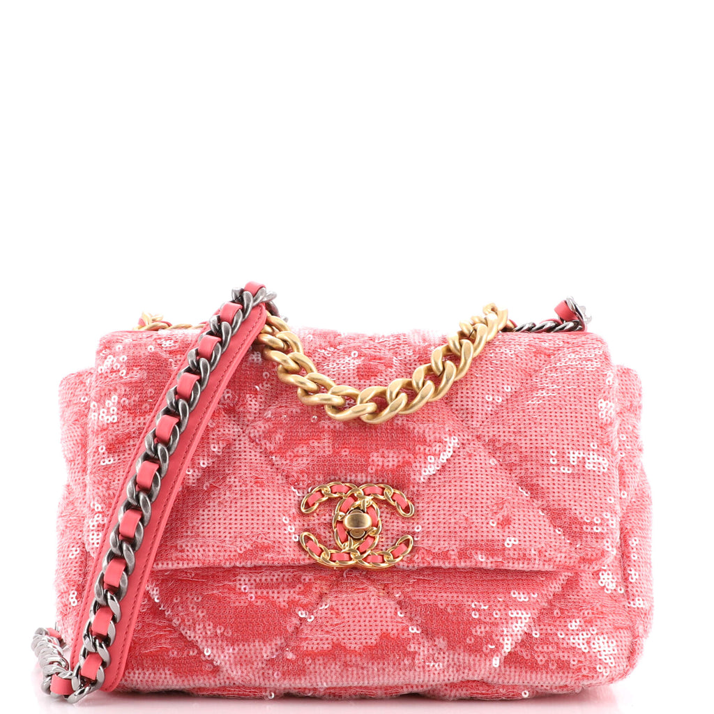 Chanel 19 Flap Bag Quilted Sequins Medium Pink 2001371