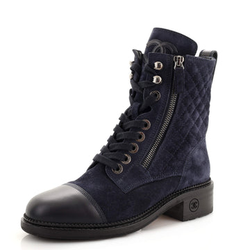 Chanel Women's CC Cap Toe Combat Boots Quilted Suede with Leather