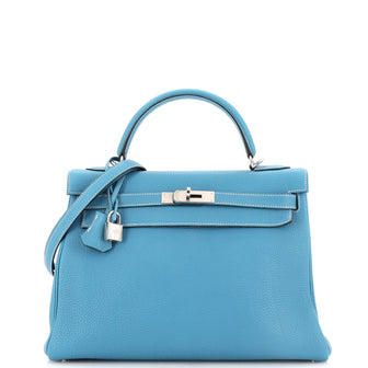 Hermes Kelly Handbag Blue Togo with Palladium Hardware 32