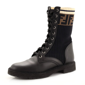 Fendi Women's Rockoko Combat Boots Leather with Knit Stretch Fabric and Zucca Trim